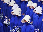 Digitally edited image of Handmaid style Dallas Cowboys Cheerleaders, created by Twitter user Paul Leigh to comment on Texas’ new restrictive abortion laws...