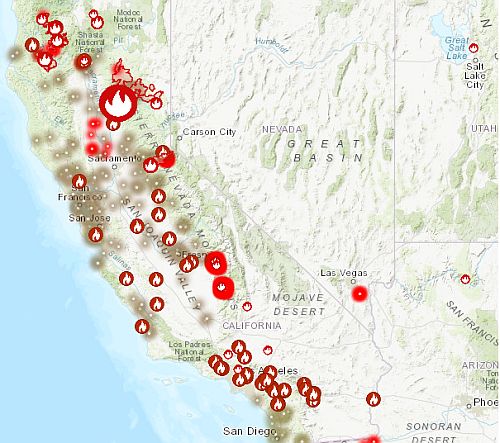Current wildfires in the state, from Frontline Wildfire Defense.com map...