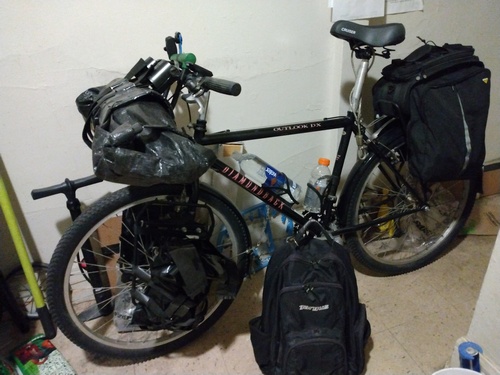 The bike with Scouting gear loaded plus laptop bag...