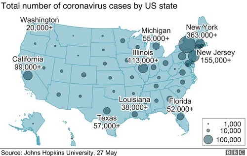 5/27/2020 US Covid map. Image - Johns Hopkins Univ, BBC...