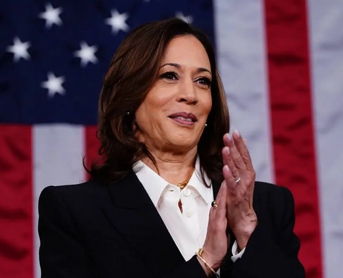Then-Vice President Kamala Harris on the final night of the Democratic National Convention in Chicago, on Aug. 22, 2024. (Tom Williams / CQ Roll Call via AP file)