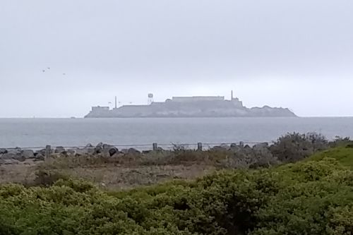 Alcatraz Island seen from Crissy Field on a cool foggy morning...