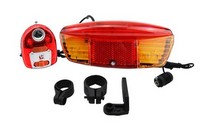 Example of a motorized bike lights kit, under $15. Comes with taillight, rear brake lights and blinkers, brake sensor and a horn...